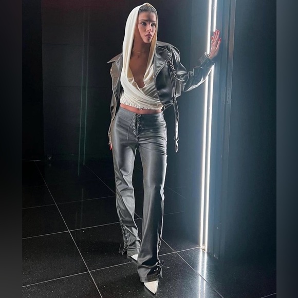 New Zara Dark Brown Faux Leather High Waist Pants Large XL 7901/502 - Picture 2 of 12